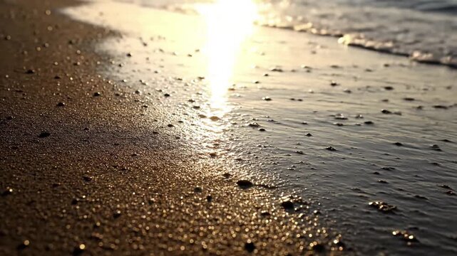 Tidal Pool Iridescence A detailed view within a clear, sunlit tidal pool, showcasing the shimmering surface tension and any submerged elements (small shells, pebbles) catching and reflecting light.