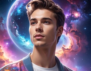 A portrait of a young person with light skin and curly brown hair, set against a colorful nebula and a planet