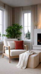 Naklejka premium Cozy living room with armchair red cushion soft blanket ottoman fireplace large window indoor plant and neutral decor style