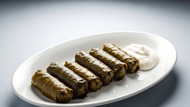 Bosnian Japrak (stuffed grape leaves) carefully arranged on an oval white plate.