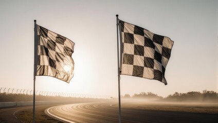 Checkered flags waving over a racetrack at sunrise