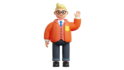 3D Cartoon Man in Orange Jacket Waving