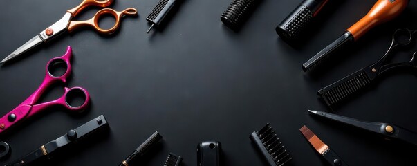 Scattered hairdressing tools on black, copy space in middle, flatlay, clippers
