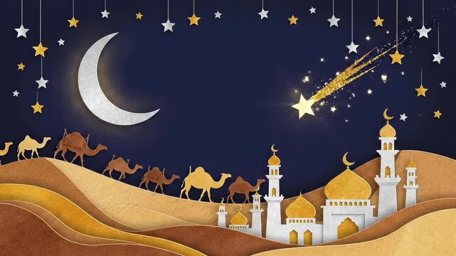 Paper Cut Desert Night Scene: Mosque, Camel Caravan, Crescent Moon, Stars & Shooting Star. Islamic Landscape Illustration