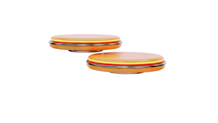 Two abstract geometric objects with orange, red, and yellow bands