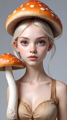 A portrait of a young woman with a mushroom cap atop her head and one held gently. She has striking blue eyes