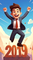Animated image of a successful businessman jumping with joy, the year 2019 is below him. Bright sky and building outline