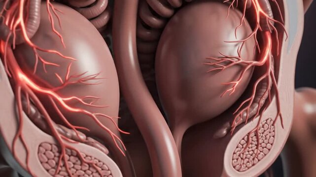 Cinematic 3D medical illustration of the male human urinary system and reproductive anatomy showing bladder, prostate, and urethra in a slow-motion biological visualization.