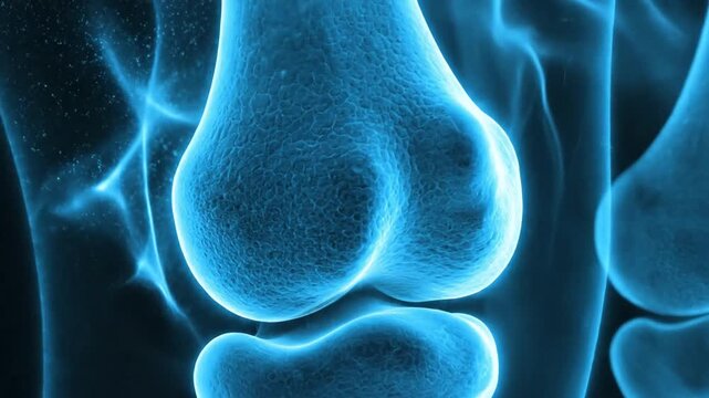 Cinematic slow motion visualization of a human knee joint x-ray scan showing blue anatomical bone structure and orthopedic health details in high resolution medical diagnostic imagery.
