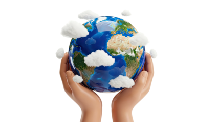 Hands holding Earth with clouds