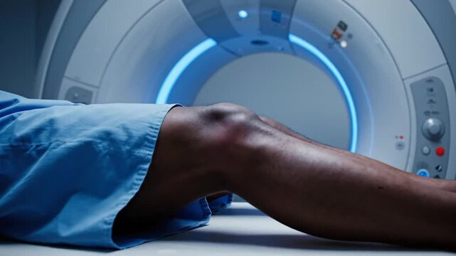 Cinematic slow motion visualization of a human knee joint medical magnetic resonance imaging scan displaying internal anatomy for diagnostic radiology clinical healthcare research purpose.
