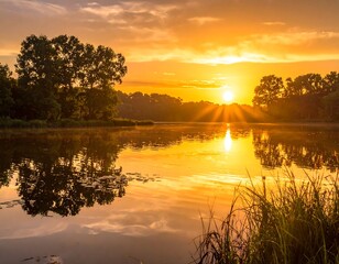 A serene lake at dawn, reflecting the golden sunlight and silhouetted trees with tall grasses in the foreground