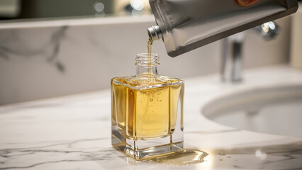 Hand refills a glass bottle with amber liquid from a silver pouch. Sustainable beauty routine, eco friendly and zero waste concept for personal care.