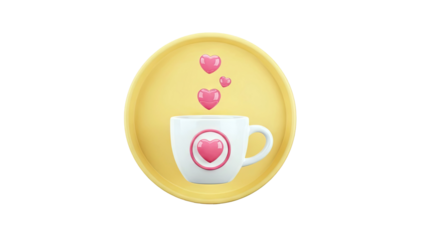 3D Render of a White Mug with Pink Hearts on a Yellow Plate