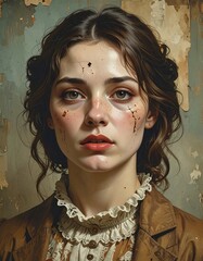 A portrait of a young woman with brown hair, sad eyes, and makeup details, against a worn textured backdrop