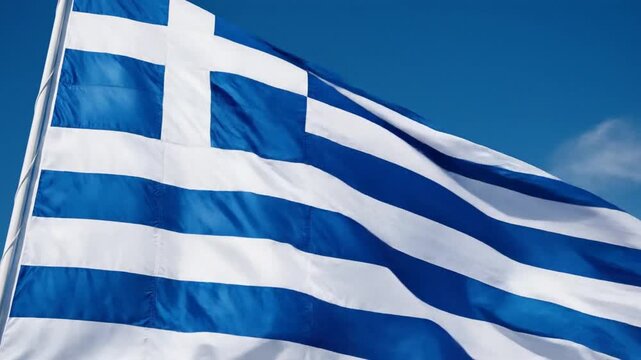 Cinematic slow motion close up of a creased Greek national flag made of satin fabric fluttering in wind breeze showing detailed textile texture seams and realistic wrinkles in 4K resolution