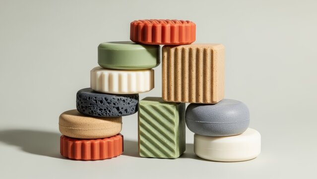 Stack of colorful solid shampoo bars on a light background. Environmentally friendly plastic free beauty product for hair care.