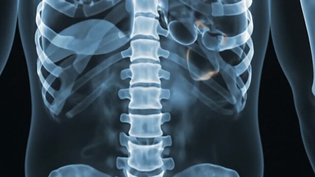 Cinematic medical visualization of a translucent human body posterior view x-ray showing skeletal structure and anatomy in a slow motion scientific digital animation for healthcare education.