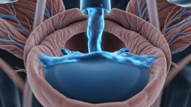 Cinematic medical 3D visualization of the human male urinary tract system including bladder and kidneys in high detail for educational biological science health healthcare presentation.