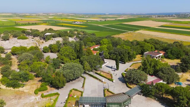 Tevfikiye, Turkey. Replica of the legendary Trojan Horse at the entrance to the archaeological site of Troy in Canakkale Province. Aerial view, Point of interest