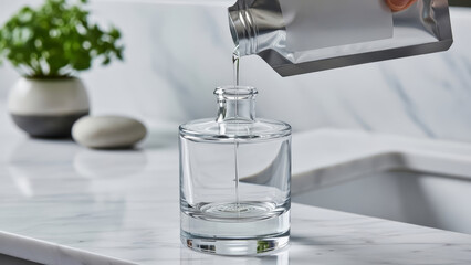 Liquid being poured from a refill pouch into a clear glass bottle. Eco friendly and sustainable product refilling concept for home.