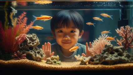 Child looking into an aquarium filled with colorful fish