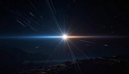 Bright sunburst in space. Star explosion. Cosmic light beam. Night sky background. Solar flare. Space texture. Radiant beam. Celestial background.