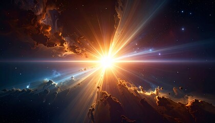 Sun explosion in space. Bright starburst. Orange and blue cosmic rays. Dark galaxy background. Stars and nebula. Space scene with shining sun.