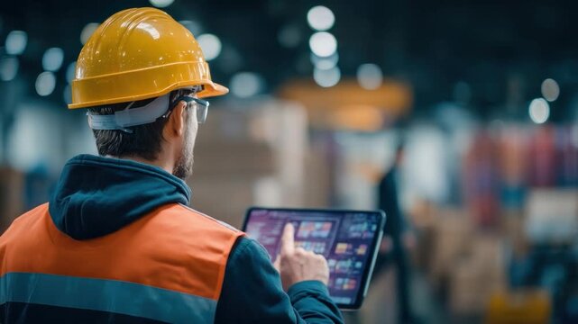 Warehouse Worker: Focused on technology, a worker in a warehouse, wearing a safety helmet and vest, is deeply engrossed in the functionality of a tablet.