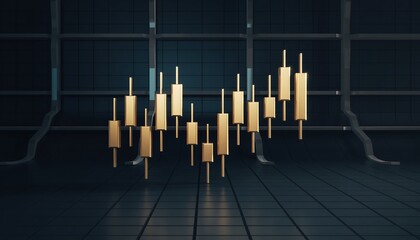 A 3D rendering of golden candlestick charts on a grid floor against a dark background with metallic railings viewed from a slight elevation.