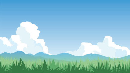 Vector illustration of a beautiful summer landscape featuring a green grassy meadow distant blue mountains and large fluffy white cumulus clouds against a blue sky. For textured nature background.