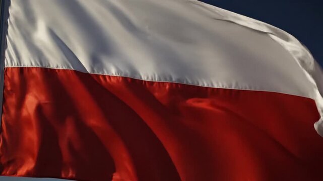 Cinematic close up of a rippling Polish national flag crafted from luxurious creased satin fabric with detailed seams and wrinkles fluttering gracefully in a gentle breeze at 4K resolution