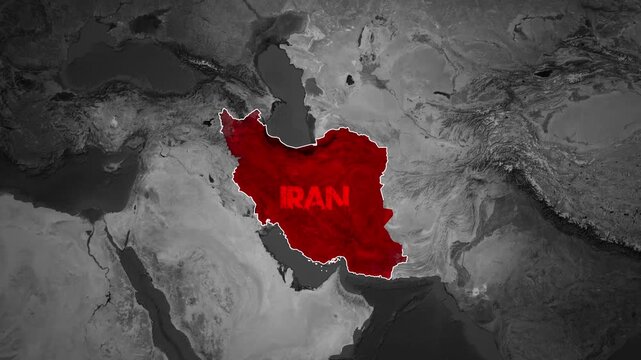 Map animation of Iran highlighted in red on a grayscale world map
