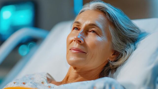 Hopeful Gaze: An older woman with silver hair rests in a hospital bed, her face illuminated with a serene expression. She gazes upwards, radiating peace and hope.