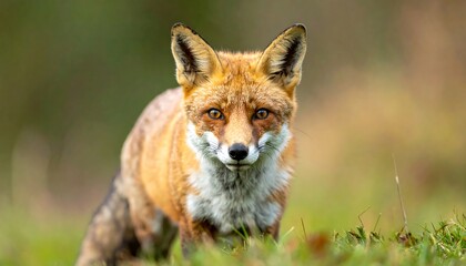 Fototapeta premium A red-furred fox, with focused golden eyes and erect ears, sits in a lush green field, partially blurring the background