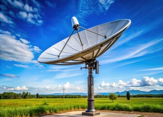 A satellite dish antenna mounted on a tall metal pole standing alone in the open sky