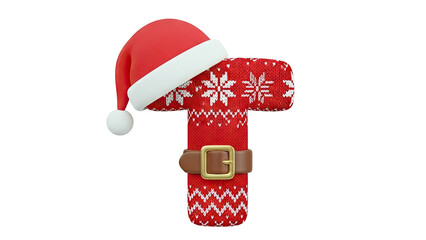 Letter T in Christmas Sweater Design with Santa Hat