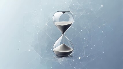 Clear hourglass, light gray background, abstract network