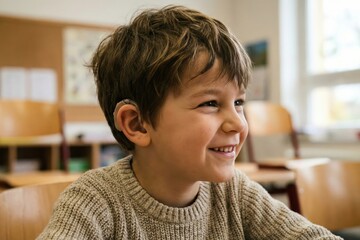 Young boy with hearing aid attentively learning in inclusive classroom, symbolizing modern education, assistive technology, and accessibility in learning.