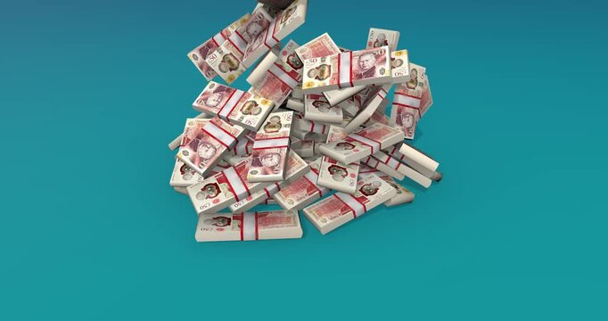 Falling british 50 pound notes on teal raining money