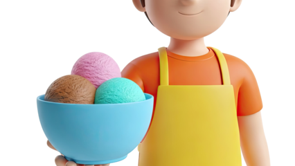 Cartoon character holding a bowl of colorful ice cream scoops