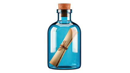 Message in a blue glass bottle with cork and parchment scroll