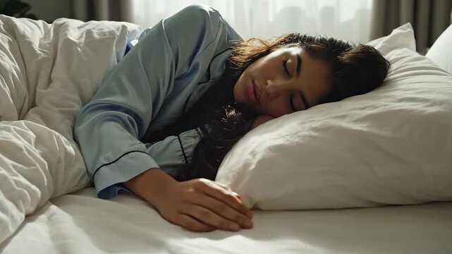Cinematic footage of a young adult woman lying in bed with unhealthy and incorrect sleep posture causing physical strain, discomfort, and spine misalignment in a dark bedroom setting.