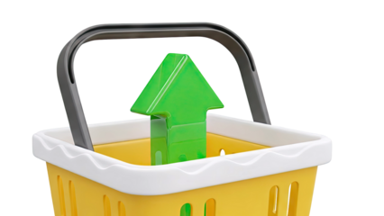 Shopping basket with green up arrow