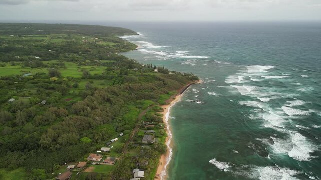 Backward flying drone shot along Anahola Beach Kauai revealing tropical coastline green countryside and rolling Pacific Ocean surf
