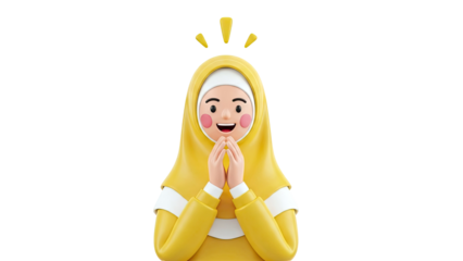 3D Animated Muslim Girl in Yellow Hijab and White Top, Praying Hands