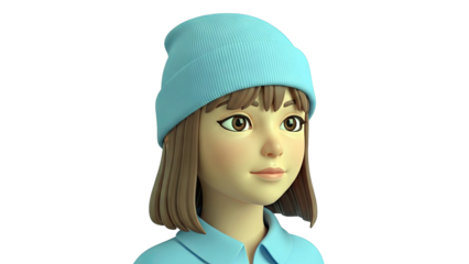 3D Cartoon Girl with Blue Beanie and Shirt