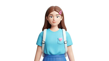 3D cartoon girl with backpack and pink heart pocket detail