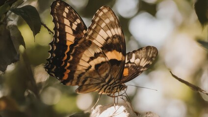 Close-up of a butterfly with intricate patterns on its wings, perched on a branch amidst foliage