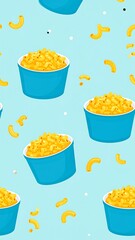 Animated mac and cheese bowls in a repeating pattern on a pastel blue background. Scattered pasta shapes add depth